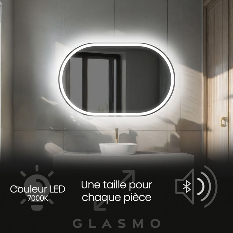 Miroir led Lumineux 120x80 cm Freya - Horizontal Ovale de Salle de Bain Mural avec éclairage Blanc Froid 7000K avec Haut Parleur