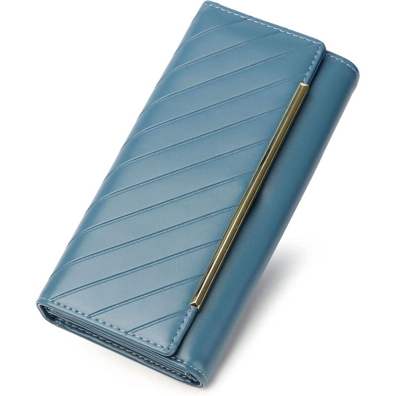 Porte-monnaie zippé à plusieurs fentes en cuir longue capacité pour femme (bleu)