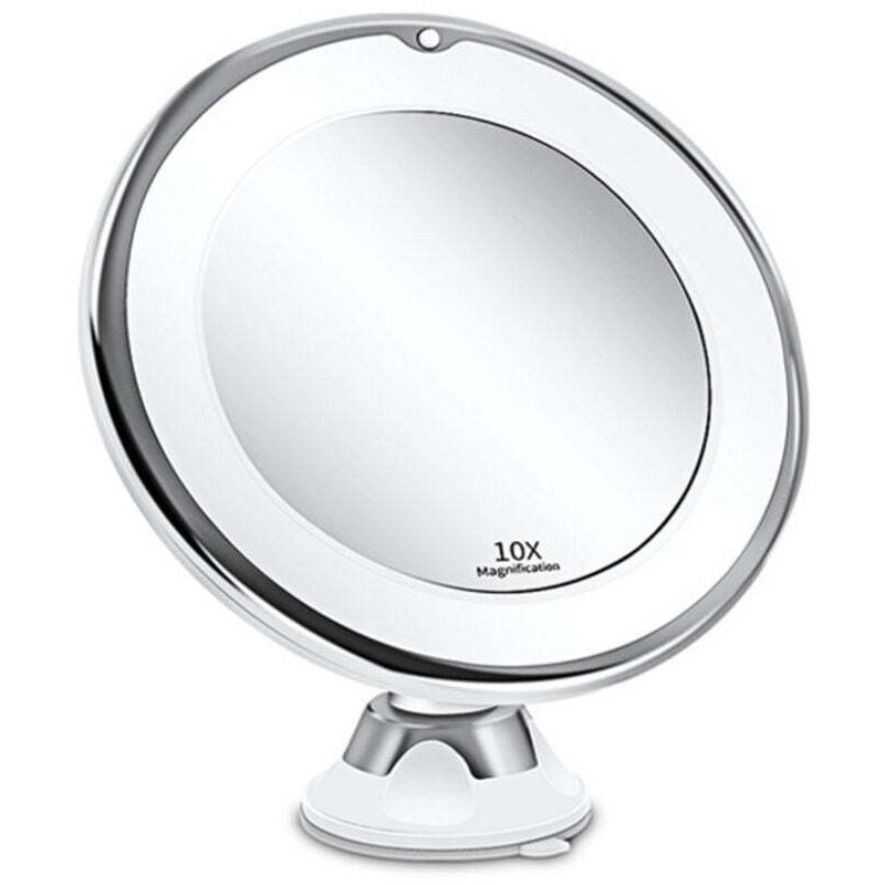 Miroir Grossissant 10x LED Lumière Naturelle Réglable avec Ventouse Puissante pour Salle de Bain Blanc