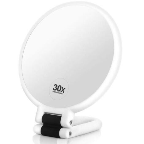 Miroir grossissant 30X avec poignée – Miroir de maquillage double face, pliable et portable, utilisable à tout moment et en tout lieu – Blanc mat
