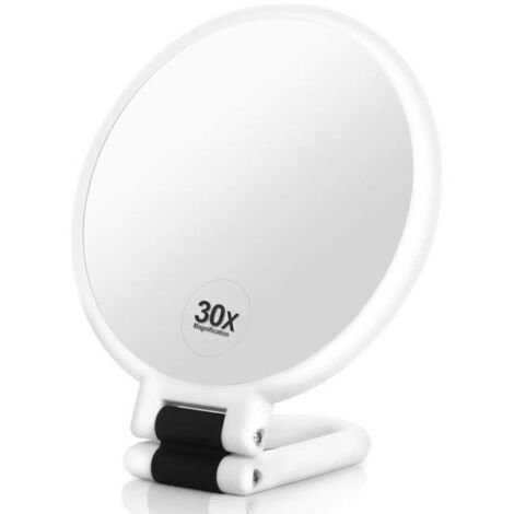 Miroir grossissant 30X avec poignée – Miroir de maquillage double face, pliable et portable, utilisable à tout moment et en tout lieu – Blanc mat
