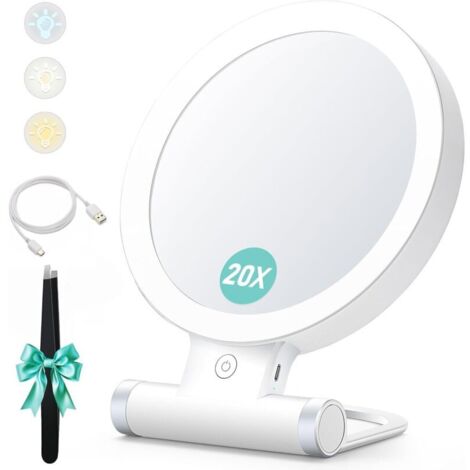 Miroir grossissant avec lumière, 20x/1x, Double Face, Miroir de Maquillage Portable, éclairage 3 Couleurs, écran Tactile à intensité Variable
