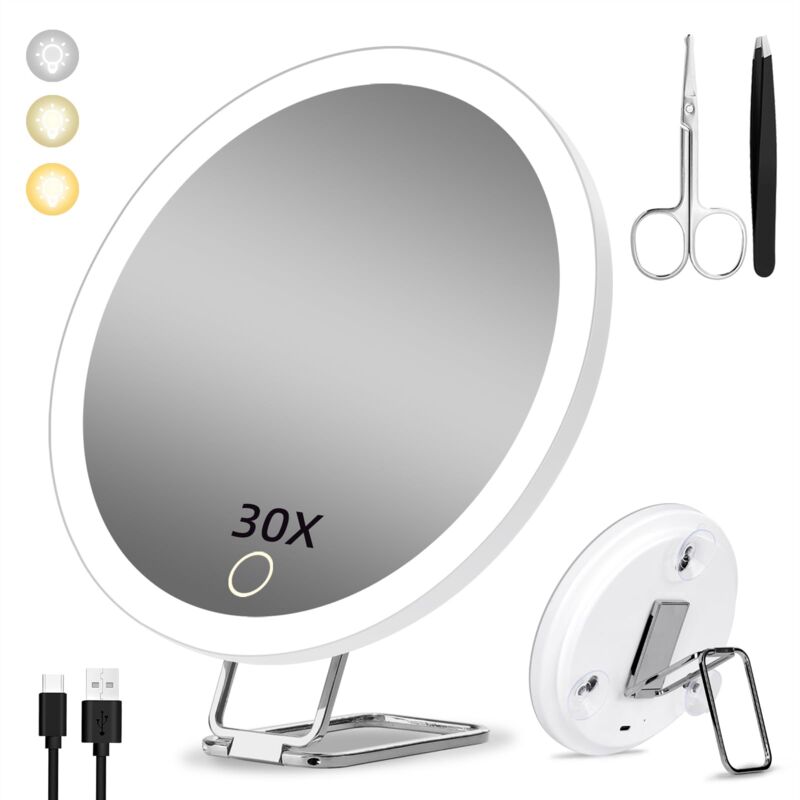 Miroir grossissant avec lumière 30X, 15cm 3 Modes de Couleur Dimming Miroir de Maquillage Lumineux 30X, Grand Miroir Grossissant de Voyage