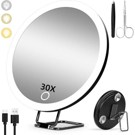 COAVAS Miroir grossissant avec lumière 30X, 15cm 3 Modes de Couleur Dimming Miroir de Maquillage Lumineux 30X, Grand Miroir Grossissant de Voyage Rechargeable avec 3 Ventouses et Support de Table 360°