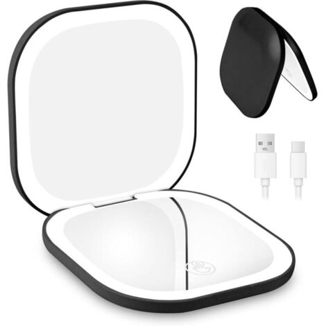 Miroir grossissant de voyage rechargeable, grossissement x5/x1, miroir de maquillage éclairé, avec 3 couleurs d'éclairage, double face, pour un maquillage précis, noir