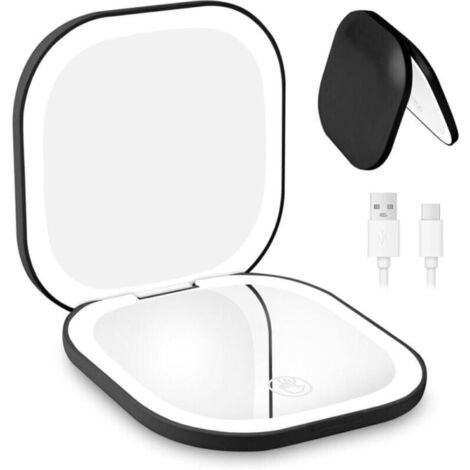 Miroir grossissant de voyage rechargeable, grossissement x5/x1, miroir de maquillage éclairé, avec 3 couleurs d'éclairage, double face, pour un maquillage précis, noir
