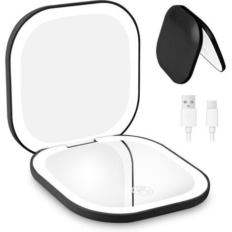 Miroir grossissant de voyage rechargeable, grossissement x5/x1, miroir de maquillage éclairé, avec 3 couleurs d'éclairage, double face, pour un maquillage précis, noir