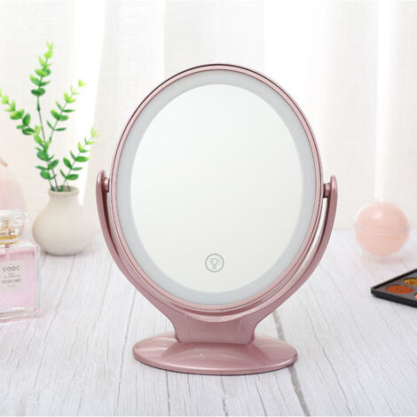 ALWAYSH Miroir Grossissant Double Face Miroir Maquillage avec Lumières LED, Rotation à 360°, écran Tactile Dimmable sur 3 Niveaux, Rechargeable par USB, Miroir de Voyage Lumineux ，Rose
