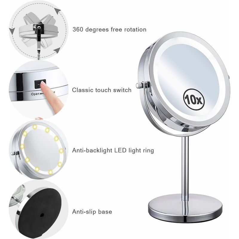 Miroir Grossissant Lumineux de Rotation à 360°Miroir Maquillage, Miroir Grossissant x10 Miroir Maquillage Lumineux Miroir Coméstique Pivotant Double