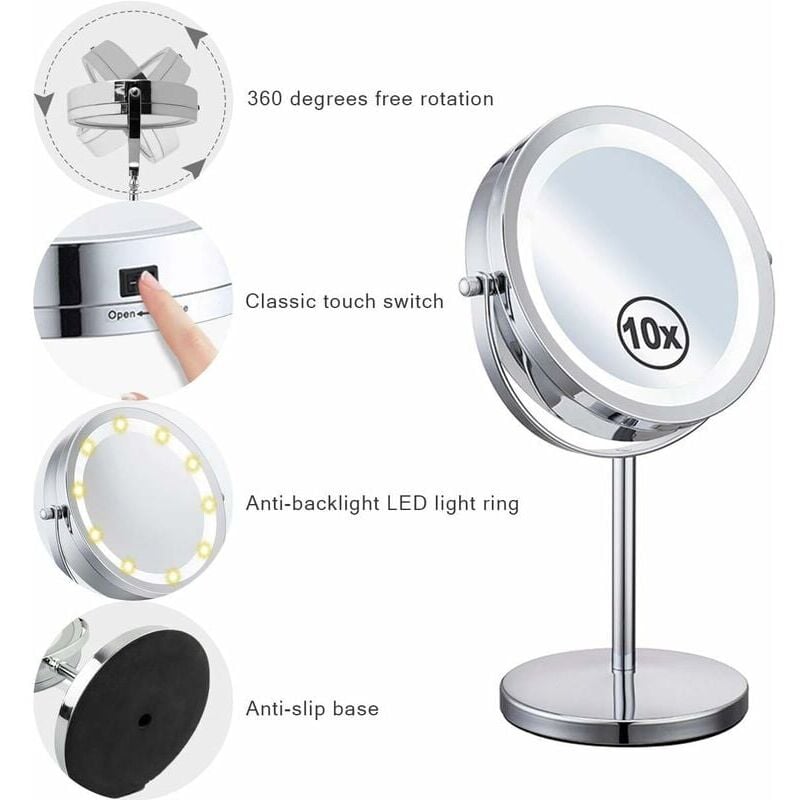 Miroir Grossissant Lumineux de Rotation à 360° - Miroir Maquillage - Miroir Grossissant x10 - Miroir Coméstique Pivotant Double Face - Avec Support
