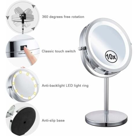 IKODM Miroir Grossissant Lumineux de Rotation à 360° - Miroir Maquillage - Miroir Grossissant x10 - Miroir Coméstique Pivotant Double Face - Avec Support de Miroir Sur Pied - Miroir Coiffure
