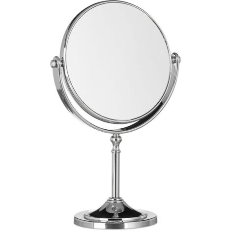 Miroir grossissant rond pivotant sur pied double face – Diamètre 14,5 cm – Dimensions H27xL18xP10 cm – Verre et plastique argenté