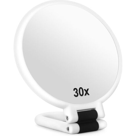 Miroir Grossissant x 30 Double Face Miroir Pliable avec Poignée, Miroir de Maquillage à Main de Coiffeurs Miroir Pliant pour Divers Détails(Blanc)