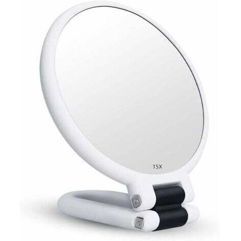 Miroir Grossissant x15 Double Face Miroir Pliable avec Poignée, Miroir de Maquillage à Main Miroir à Palette de Coiffeurs Miroir Pliant Utilisé pour Divers Détails de Maquillage (blanc)