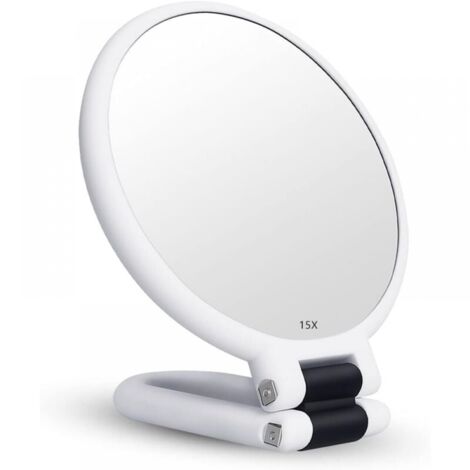 Miroir grossissant x15, double face, pliable, avec poignée, miroir de maquillage portable, miroir de courtoisie pliable pour divers détails de maquillage (blanc)