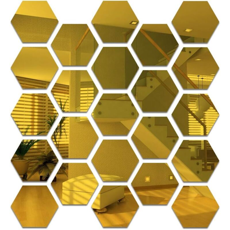 Miroir hexagonal en acrylique, feuille autocollante flexible, miroir artistique DIY, décoration murale de fond, doré, 24 pièces - Diamètre 15 cm