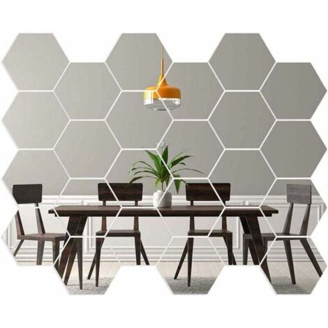Miroir Hexagonal Pour Porte d'Armoire Géométriques Hexagone Muraux Miroirs Bricolage Décoratif 3D Hexagone Acrylique Miroir Pour La Maison Salon Canapé Tv Réglage Décoration Murale Argent-Fei Yu