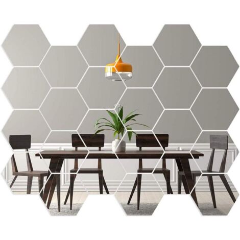Miroir Hexagonal Pour Porte d'Armoire Géométriques Hexagone Muraux Miroirs Bricolage Décoratif 3D Hexagone Acrylique Miroir Pour La Maison Salon Canapé Tv Réglage Décoration Murale Argent-Fei Yu