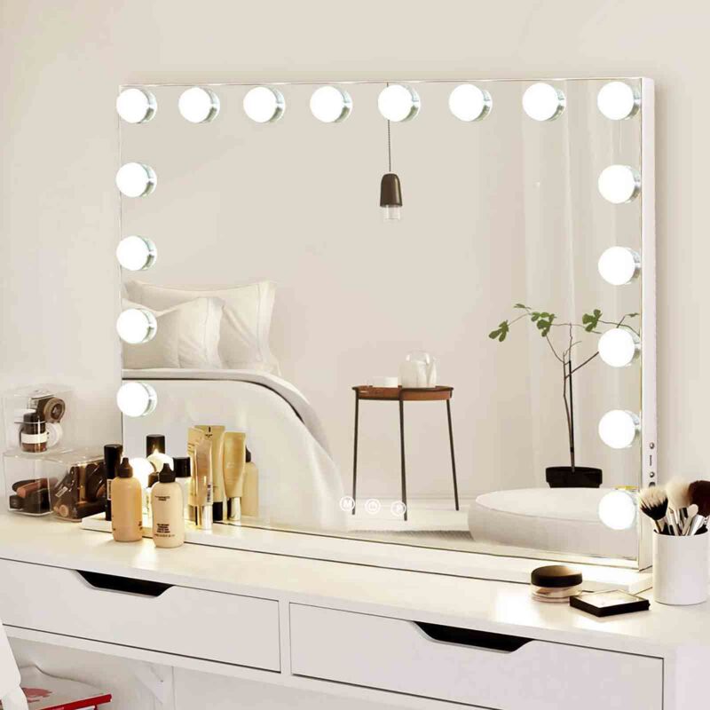 Miroir Hollywod Miroir de Maquillage avec éclairage, Commande Tactile, 3 Mode d'éclairage, Miroir de Maquillage avec 15 lumières led, 58x48 cm, Blanc