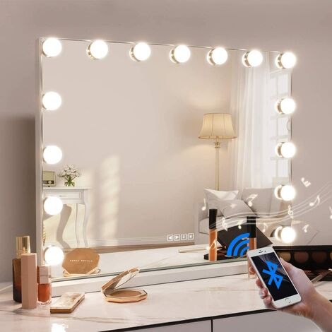 Miroir Hollywood avec lampe et Haut - parleur Bluetooth miroir de maquillage avec 15 ampoules LED dimmables dressing et chambre à coucher, bureau ou support mural blanc 58cm x 46cm FENCHILIN