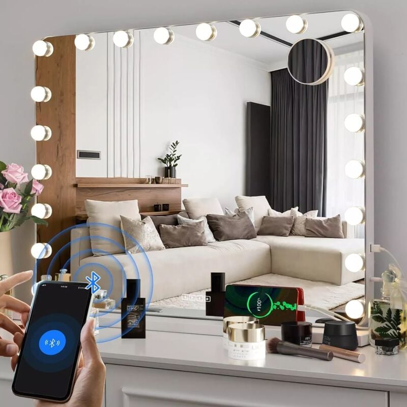 Miroir Hollywood,Miroir Cosmétique,Miroir de Maquillage Lumineux, avec 20 led, Bluetooth,80x60cm