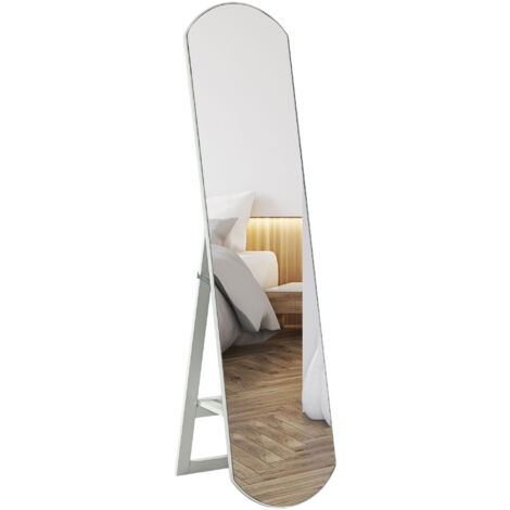 Miroir incurvé pleine longueur 35 x 150 cm avec étagère, fixation murale ou sur pied, pour salle de bain ou chambre, blanc