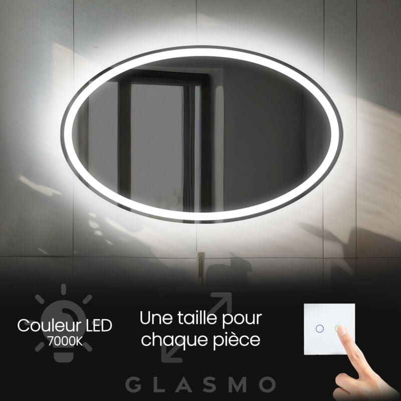 Foram - Miroir Salle de Bain led 150x80 cm India - Horizontal Ovale Miroir Mural Avec Éclairage Intégré Miroir Lumineux - Blanc Froid 7000 k