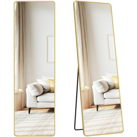 Miroir Intégral, 150 x 40 cm, Miroir Rectangulaire sur Pied, à Poser au Sol, Cadre en Alliage d’Aluminium, Verre Trempé, pour Chambre, Salon, Dressing, Doré Clair