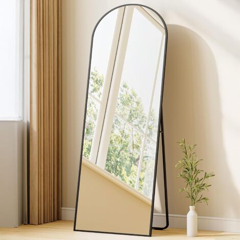Miroir Intégral, Miroir Arqué sur Pied Avec Support, Pleine Longueur, Verre Trempé, Cadre en Alliage d'aluminium, Pour Chambre, Salon, Entrée, Noir