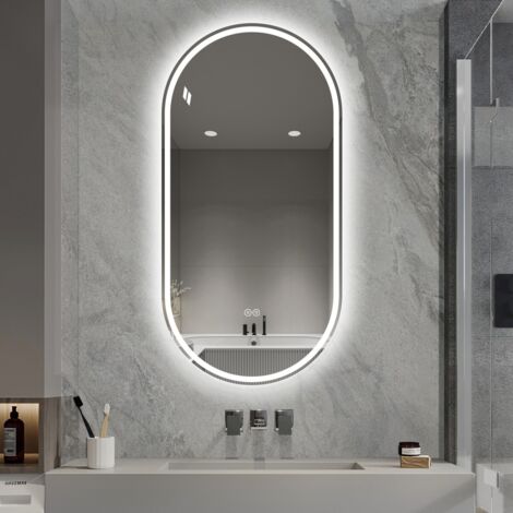 Miroir intelligent ovale sans cadre 60x120 cm fixation murale traitement antibuée écran tactile salle de bain - Argent