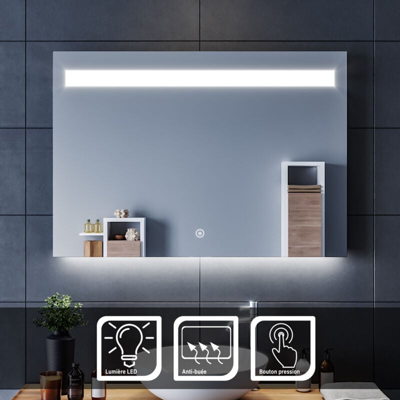 Miroir led 100x70 cm Miroir de salle de bains anti-buée interrupteur tactile, professionnel Sirhona