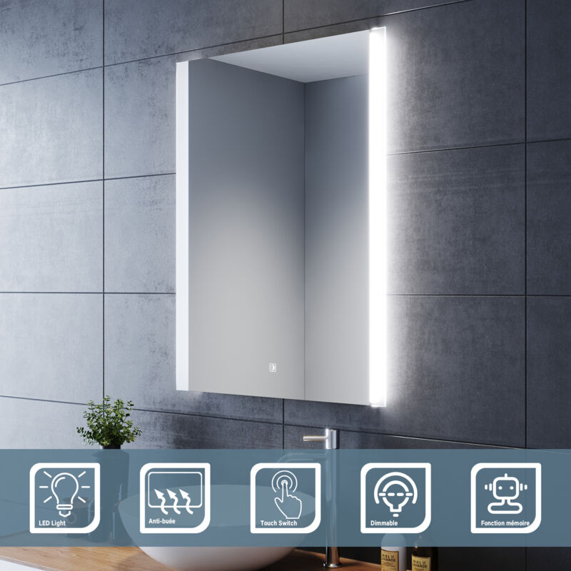 Miroir led 60x80cm avec éclairage led Miroir Cosmétiques Mural Miroir de salle de bains Interrupteur Tactile - Sirhona