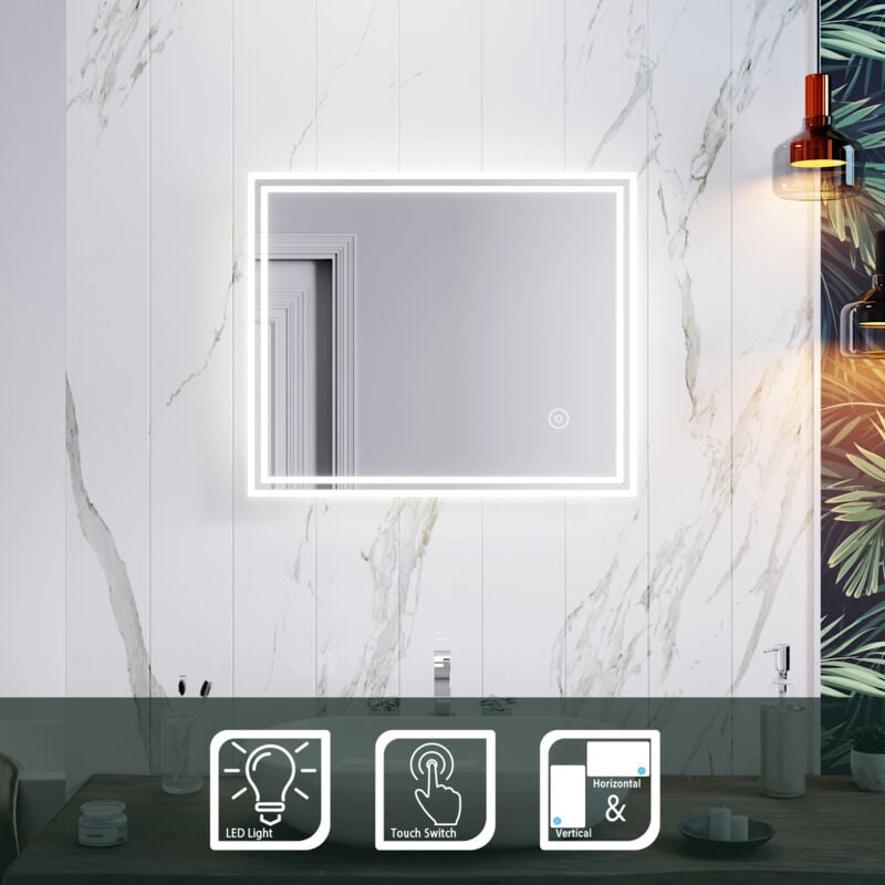 Miroir led 60x50 cm Miroir de salle de bains avec éclairage led Miroir Cosmétiques Mural Lumière Illumination avec Commande par Effleurement - Sirhona