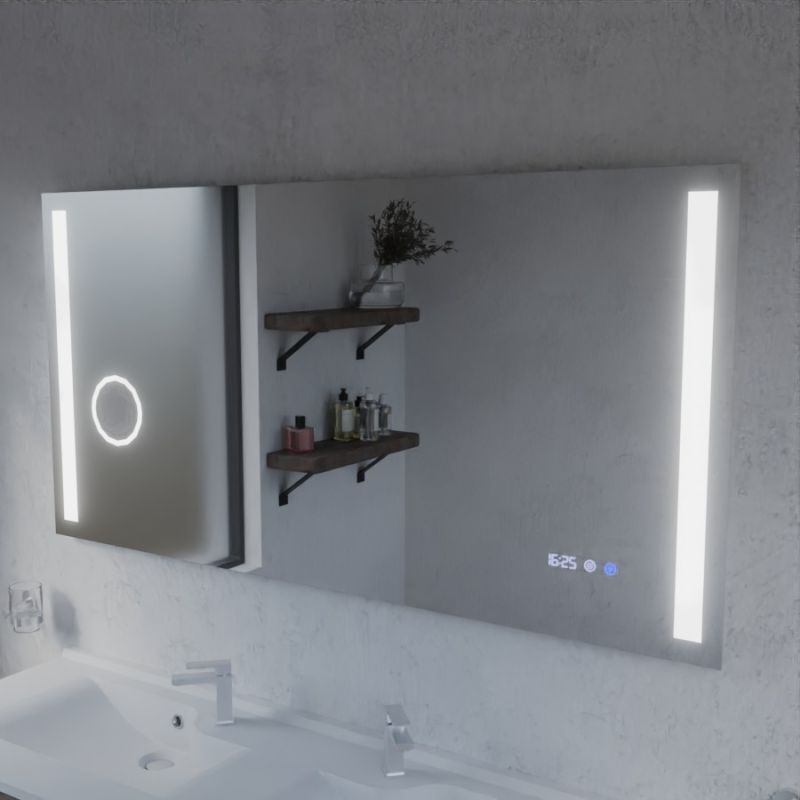 Cuisibane - Miroir led avec antibuée, loupe et horloge duetto - 140 x 70 cm