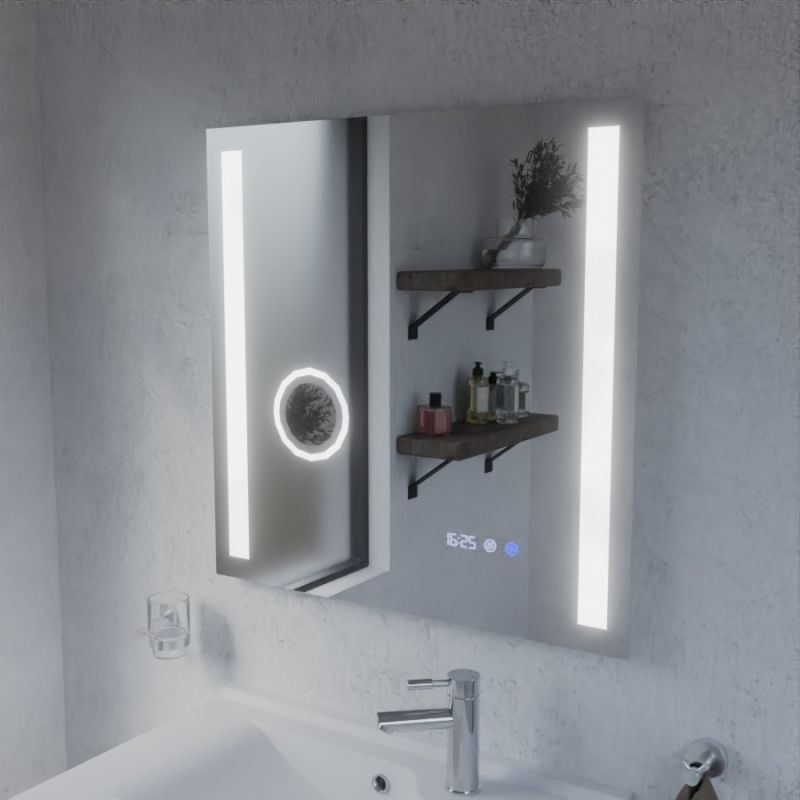 Cuisibane - Miroir led avec antibuée, loupe et horloge duetto - 70 x 70 cm