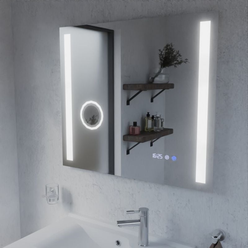 Cuisibane - Miroir led avec antibuée, loupe et horloge duetto - 80 x 70 cm