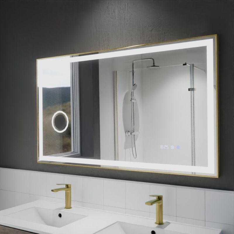 Cuisibane - Miroir led cadre doré cara 120 cm x 70 cm - antibuée, horloge et loupe