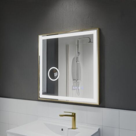 Miroir LED cadre doré CARA 70 cm x 70 cm - antibuée, horloge et loupe