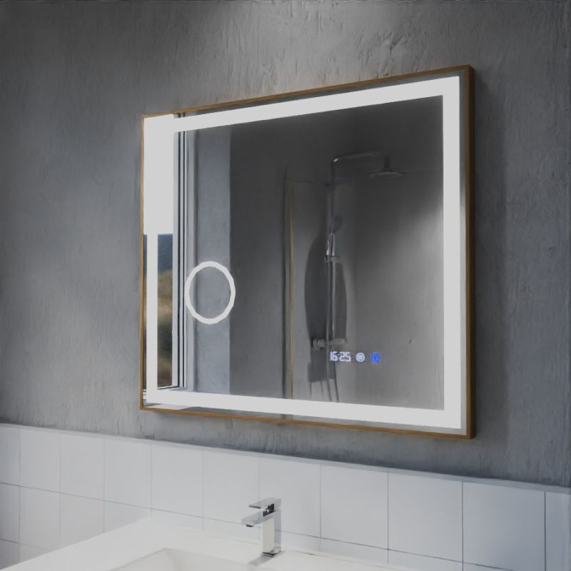 Cuisibane - Miroir lumineux rond contour cuivré cara 80 cm - antibuée, horloge et loupe