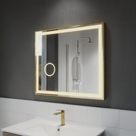 Miroir LED cadre doré CARA 80 cm x 70 cm - antibuée, horloge et loupe