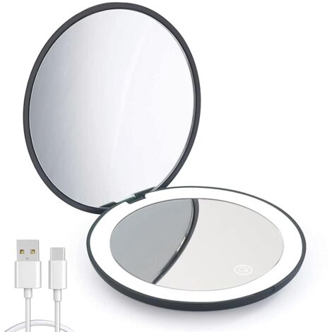 Miroir LED compact grossissement 1x/10x, rechargeable, lumière réglable, double face, portable pliable pour voyage et cadeau (bleu)