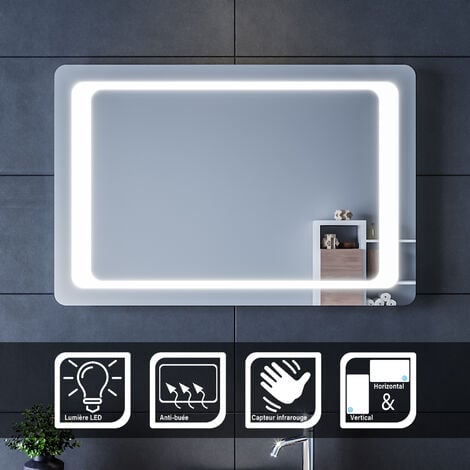 Miroir led Miroir avec beau éclairage LED blanc - Capteur infrarouge - Anti-buée - Certification IP44 SIRHONA 90x60 cm