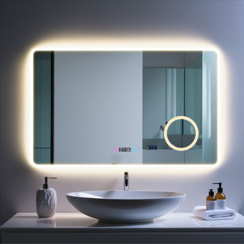 Saniland - Miroir led Multifonction 3 en 1 - Horloge Intégrée, Éclairage 3 Couleurs et Miroir Grossissant - 120x70 cm
