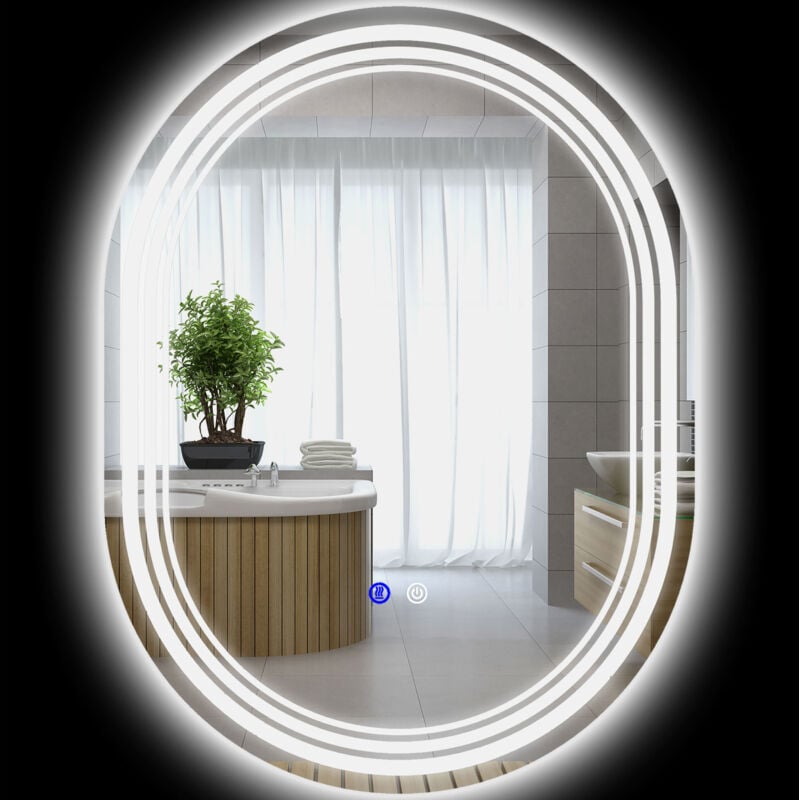 Miroir led mural de salle de bain - 50L x 70H cm - luminosité réglable 3 couleurs - interrupteur tactile - système antibué