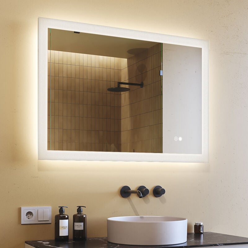 Miroir Salle de Bain avec Eclairage 100x70, Miroir LED avec Tactile et Fonction Anti-buée, Systeme Couleur DUAL LED