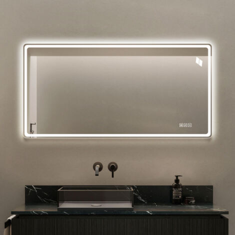 Miroir LED rectangulaire 60x120 cm sans cadre avec commande tactile et anti-buée, pour salle de bain ou salon de coiffure