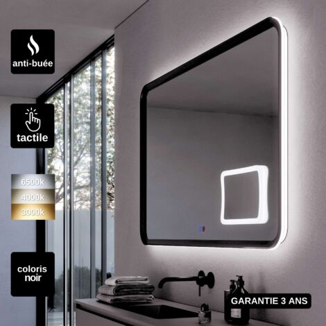 Miroir LED Réglable 80X80cm Noir - Rétro-éclairé &  Éclairage Frontal - Commandes Tactiles & Anti-Buée - Zone X3 - DUOMO LEDIMEX