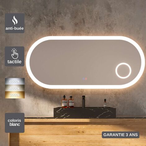 Miroir LED Rétro-éclairé Réglable 120X55cm - Contour Blanc - Commandes Tactiles & Anti-Buée - Zone X3 - RIMINI LEDIMEX