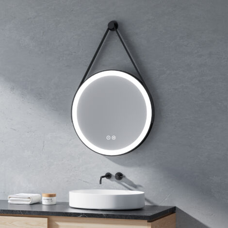 Miroir LED Rond Heilmetz 50 cm pour Salle de Bain – 3 Couleurs de lumière à Variable, Étanche IP44, Commande Tactile, Cadre Métal Noir + Sangle Cuir