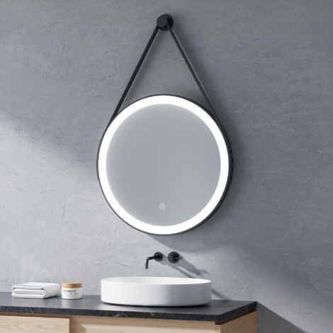 Miroir LED Rond Heilmetz 60 cm pour Salle de Bain – Lumière Blanche Froid 6500K, Étanche IP44, Commande Tactile,Cadre Métal Noir + Sangle Cuir